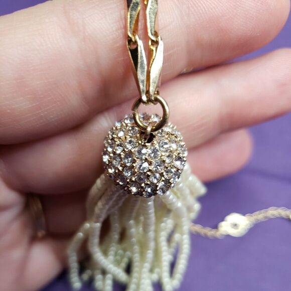 Baublebar Signed Long Gold Tone, Faux Pearl & Rhinestone Accent Tassel Necklace - Picture 10 of 12